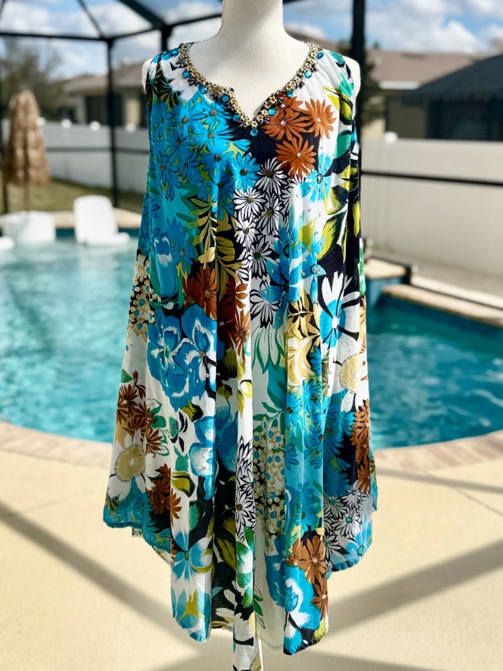 Feelings, Tropical Floral Print Beaded Flowy Maxi Dress, Boho, O/S